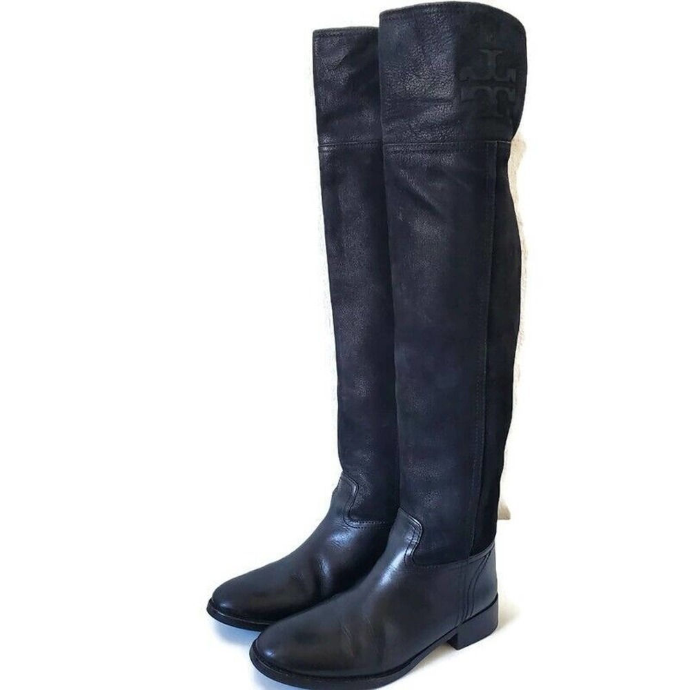 Tory Burch Simone Over The Knee Equestrian Black Grain Leather Riding Boots